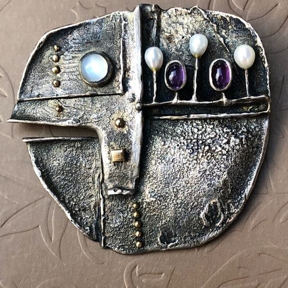Stittgen brutalist sterling silver and gemstone brooch - Picture 6 of 6